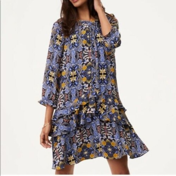 LOFT Long Sleeve Ruffled Drop Wsist Shift Dress. Navy with Yellow Floral Print - Picture 1 of 14